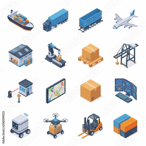 Set of isometric icons representing sustainable development and green technology solutions for environmental conservation.