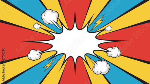 Comic book explosion effect radiates from a central burst area with vibrant colors and cloud shapes.