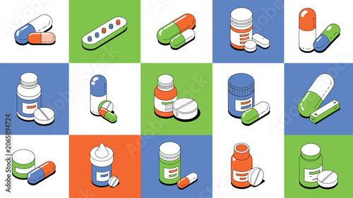 Pill assortment features various colorful pharmaceutical capsules and tablets arranged in an isometric grid.