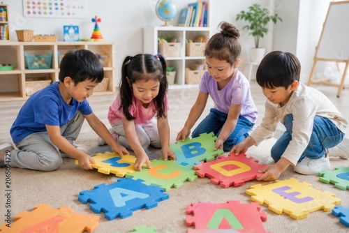 Happy kindergarten children doing creative art activities with their teacher at preschool