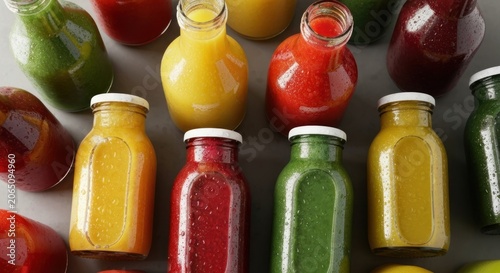 Colorful array of glass bottles filled with fresh, vibrant juices