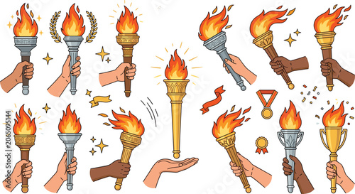Fotografie Hand holding flaming torch vector cartoon collection set featuring diverse skin