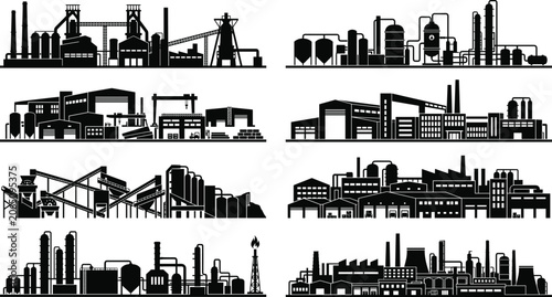 Obraz na płótnie Industrial Factory and Manufacturing Plant Silhouette Skyline Collection with He