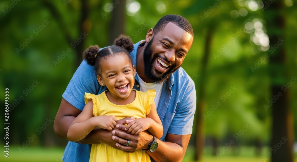 Happy African American Father Hugging His Young Daughter and Laughing Together in a Sunny Green Park