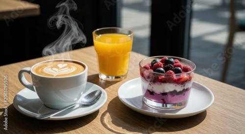 Steaming coffee, juice, and yogurt parfait on a wooden table