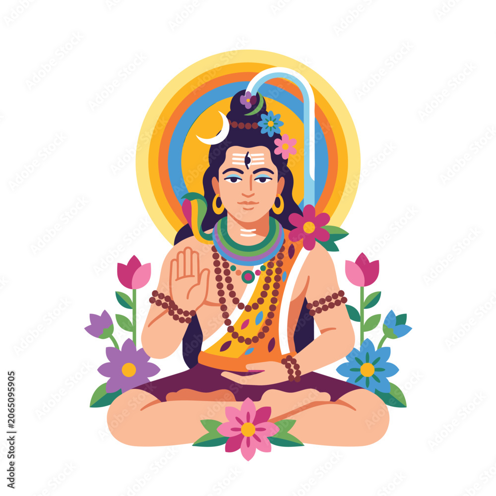 Naklejka premium Vibrant illustration of a meditating Hindu deity seated in a lotus pose with halo and colorful flowers creating a serene spiritual scene