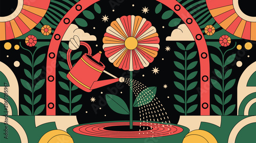 Watering can tends to a large blooming flower in a decorative garden setting.