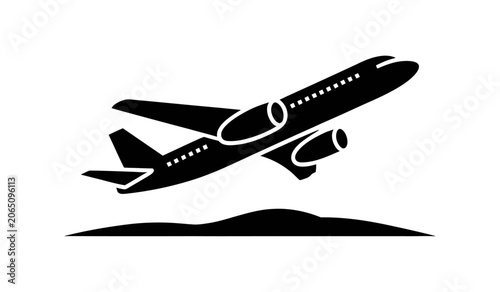 Vector graphic of an airplane taking off into the sky with a mountain in the background
