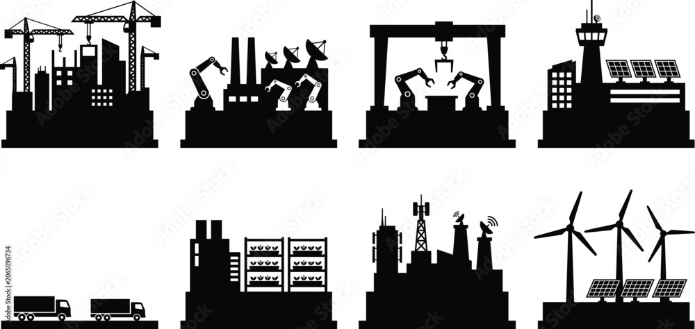 Obraz premium Smart Industrial Infrastructure Silhouette Icon Set with Automation Logistics Energy and Communications
