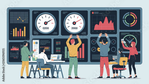 Data analysts work together to monitor complex metrics and performance indicators on a large digital dashboard wall.