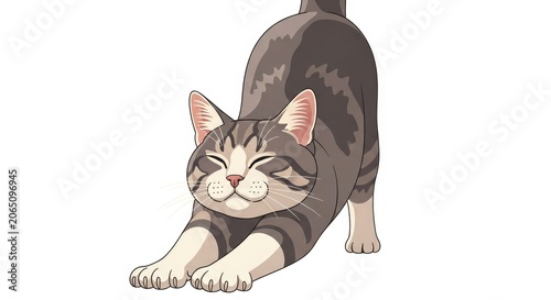 Happy Cat Stretching and Yawning on a White Background.
