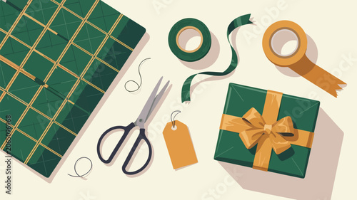 Gift wrapping materials including paper, ribbon, scissors, and tags are neatly arranged on a clean, flat surface.