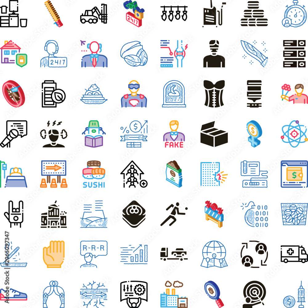 Fototapeta premium Set of assorted concept icons illustrating various modern themes including digital security, construction work, customer service, financial growth, health issues, and technological innovation