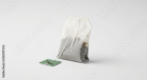 Teabag with green tag on white background. Close-up, bright lighting