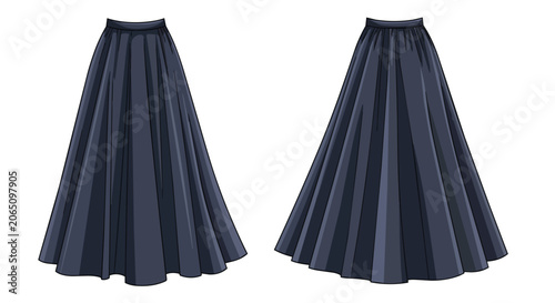 Women's Navy Blue Long Pleated Maxi Skirt Illustration Front and Back View for Fashion Design and Apparel Mockups