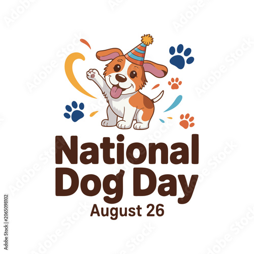 Happy National Dog Day greeting with a cute puppy wearing a party hat