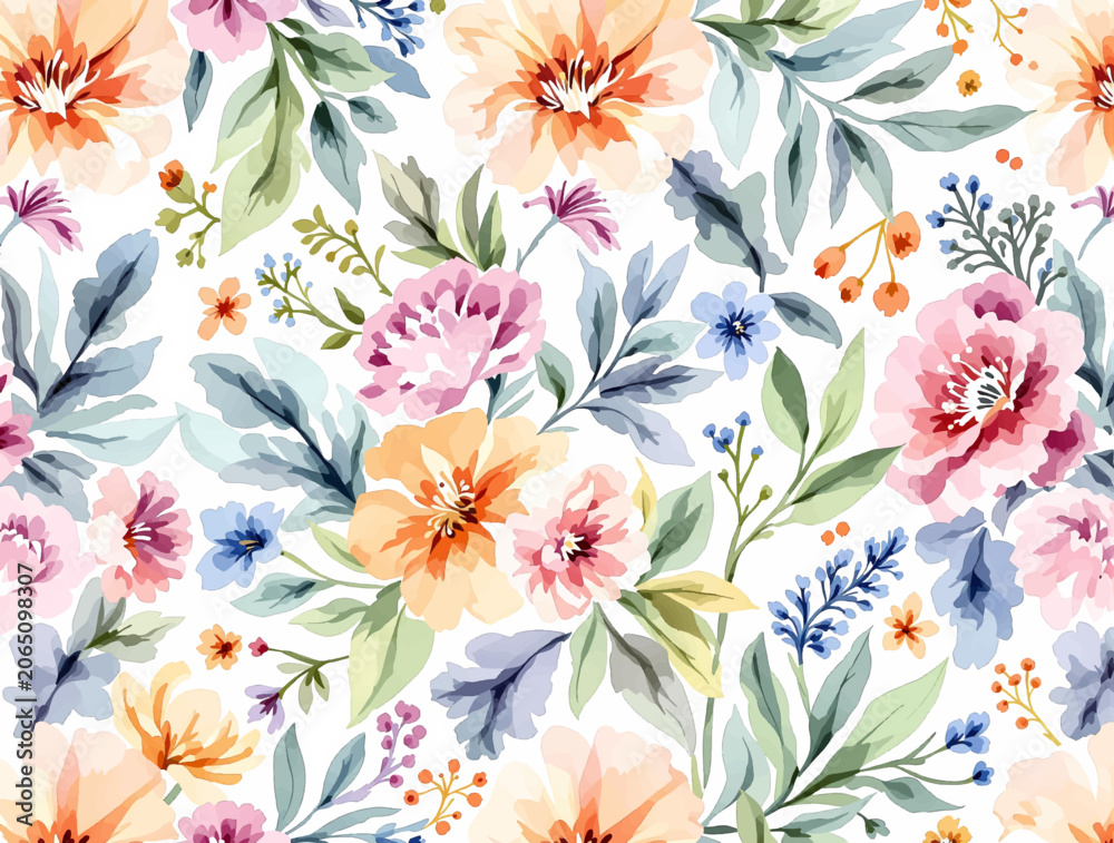 Fototapeta premium Colorful Petal Pattern With Artistic Watercolor Floral Designs