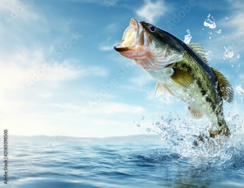 Largemouth bass leaps out of water, mouth open
