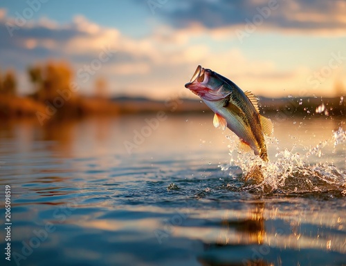 Bass leaps from tranquil lake at sunset