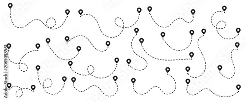 Tableau sur toile Route icon between two points with dotted path and location pin