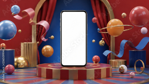 Blank smartphone on playful tiny circus stage