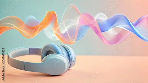 Generic headphones with colorful floating audio ribbons