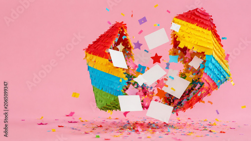 Colorful geometric pinata bursting with campaign confetti
