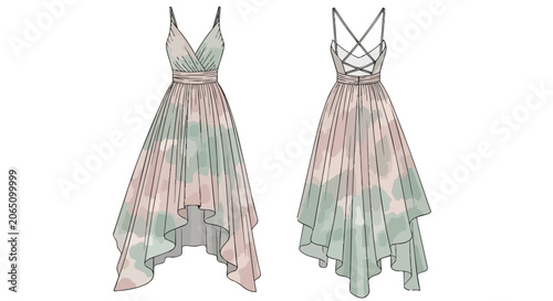 Elegant Women's High Low Hem Summer Dress in Pink and Green Tie Dye with Criss Cross Back Fashion Sketch
