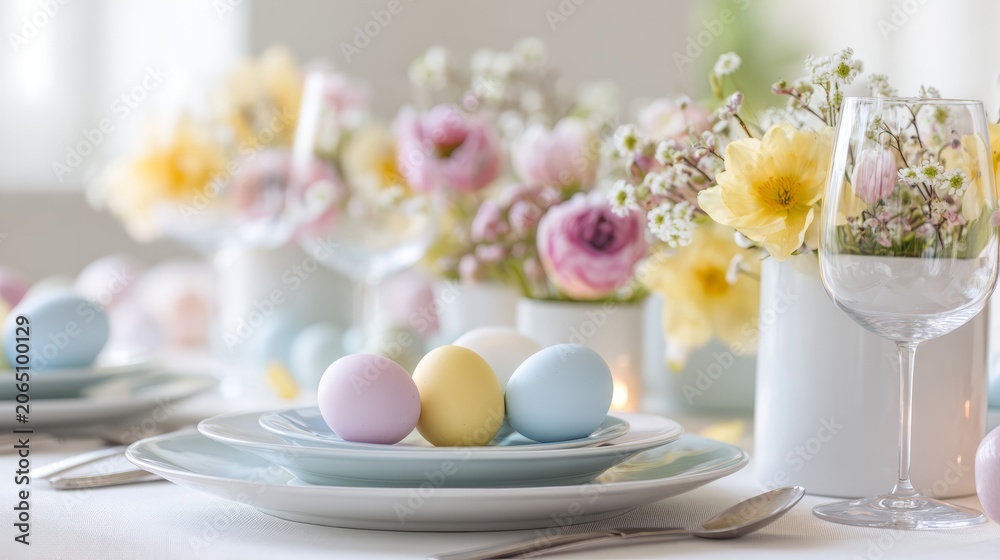 © Sinechana - 65.Refined Easter table decor with delicate flowers, pastel eggs and simple tableware, balanced layout, light background, natural springtime elegance © Sinechana - 65.Refined Easter table decor with delicate flowers, pastel eggs and simple tableware, balanced layout, light background, natural springtime elegance