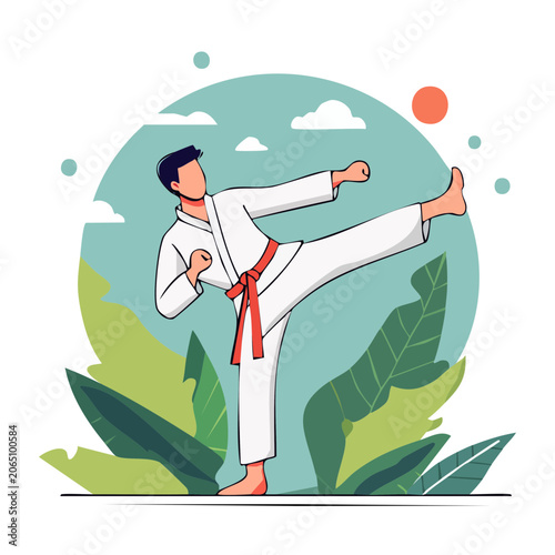 Man performing karate kick in flat illustration style