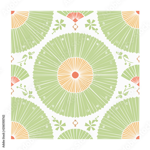 Seamless Geometric Fan Pattern with Floral Motifs