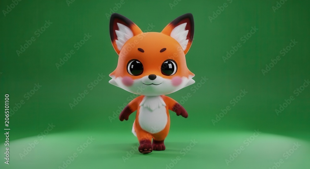 Fototapeta premium Adorable 3D Render of a Cute Cartoon Fox Character Walking on a Green Background, Perfect for Kids Content