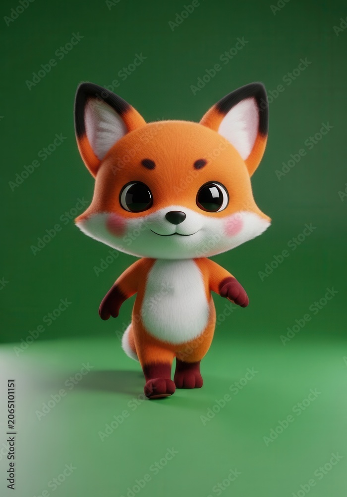 Fototapeta premium Adorable 3D Rendered Cartoon Fox Character with Big Eyes and Soft Fur Standing on Green Background