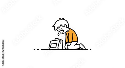 Obraz na plátně Sad schoolboy crying on the floor next to his bag