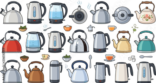 Φωτογραφία Electric kettle and stovetop teapot vector cartoon collection set featuring stai