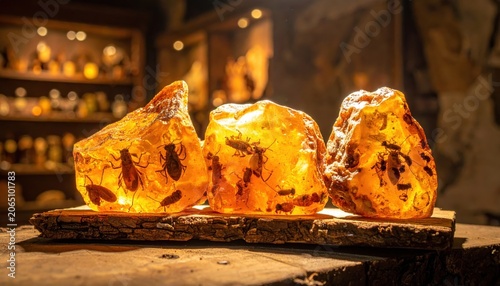 Raw Amber Chunks with Fossilized Insects Embedded on Wood Surface