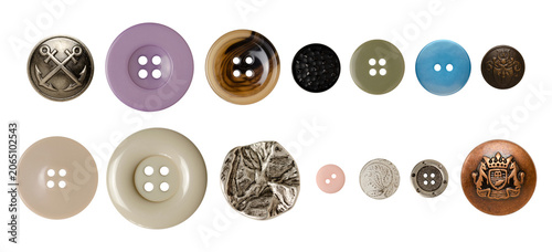 Set of various clothing buttons in different colors, shapes and materials isolated on white background. Flat lay collection for sewing craft blogs, packaging, scene creator, scrapbooking, invitations