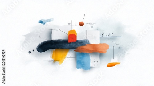 Abstract digital art with watercolor textures, geometric shapes, and a white background