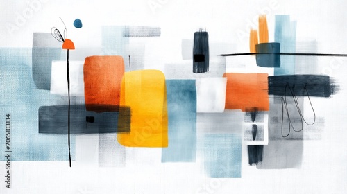 Abstract artwork featuring colorful geometric shapes and brushstrokes with a minimalist flower