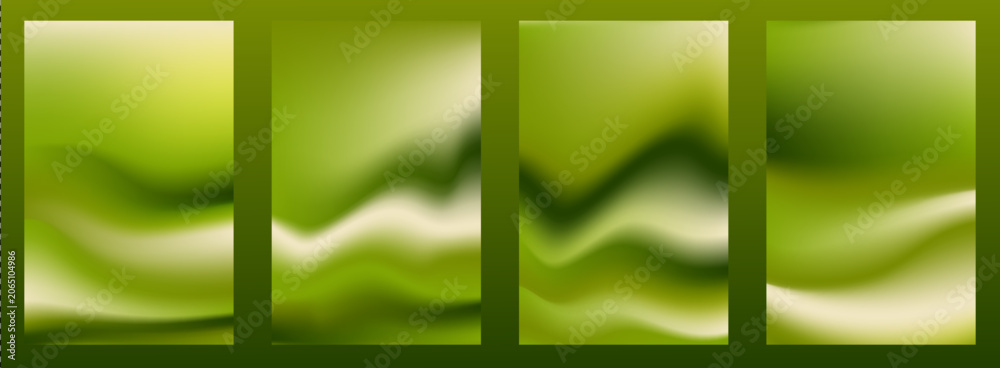 Obraz premium Green latte matcha gradient background with smooth organic waves, vector posters with blurred texture. Abstract green tea liquid design templates for wellness banner, elegant cafe menu