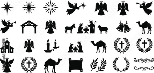 Vászonkép Christmas Nativity and Christian Religious Silhouette Icon Set with Holy Family,