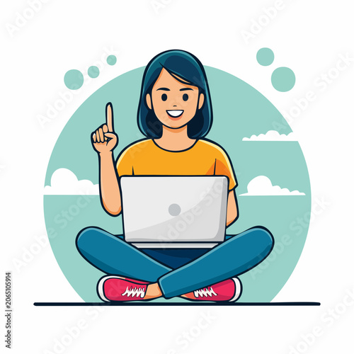 Woman with Laptop Pointing Finger Up, Idea Concept