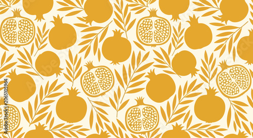Canvastavla Pomegranate pattern, fruit seamless repeat, yellow illustration, vector design