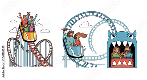 Excited People Riding Roller Coaster at Amusement Park
