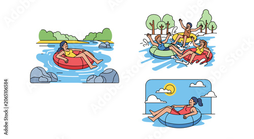 People Floating on Inflatable Tubes Down a River on a Sunny Day