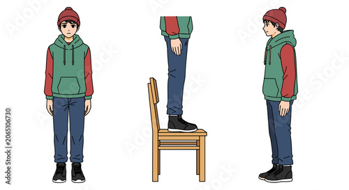 Young Person Standing and Sitting on Chair, Front, Side, Back Views