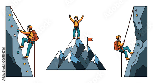 Climber Ascending Rock Wall and Summiting Mountain Peak with Flag