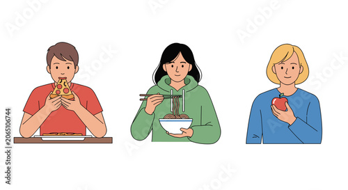 Diverse People Enjoying Different Foods: Pizza, Noodles, and Apple