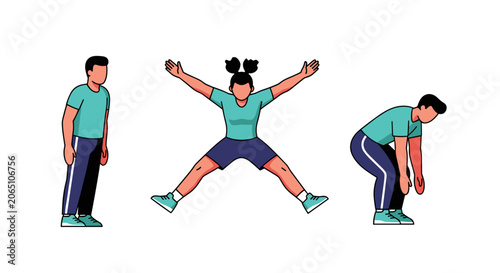 People Exercising: Jumping Jacks and Bending Over for Fitness