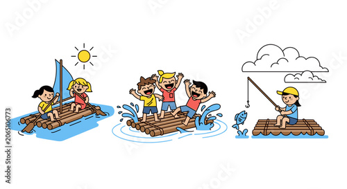 Children Enjoying Raft Activities: Sailing, Playing, and Fishing on Water
